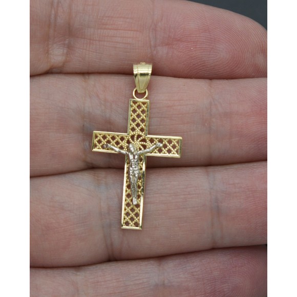 Real Solid 10K Yellow White Gold Shiny Jesus Cross Diamond Cut Pendant 1.3gr - Picture 2 of 6